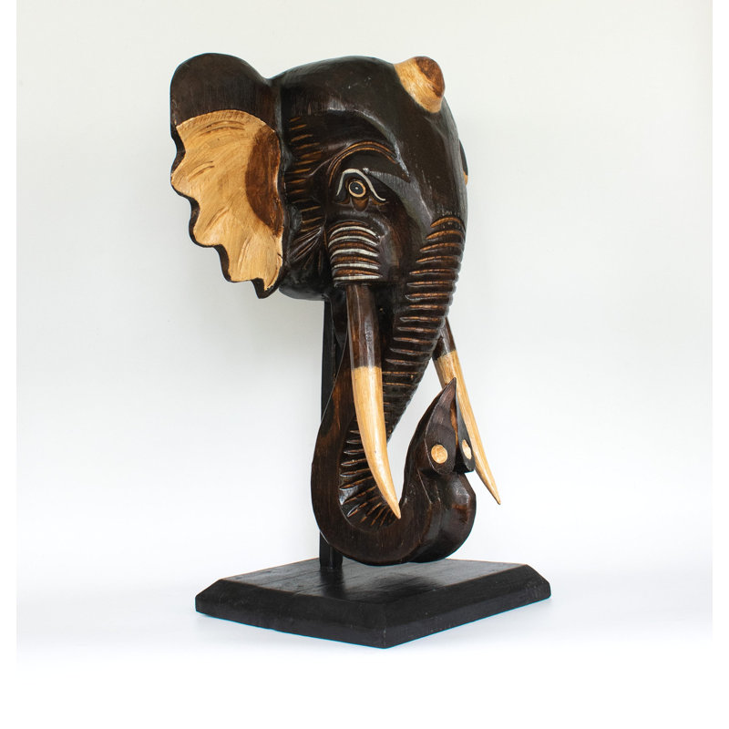 Statue de buste d'éléphant en bois en forme de buste sur socle Sculpture sculptée à la main Décoration artisanale faite à la main