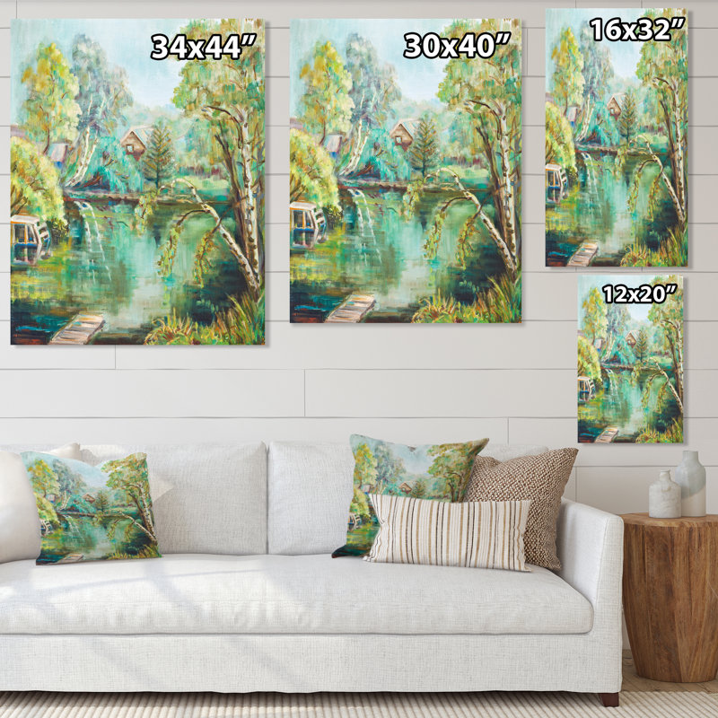 Étang vert en été - Peinture sur toile, H 32 po x l 24 po, Toile tendue