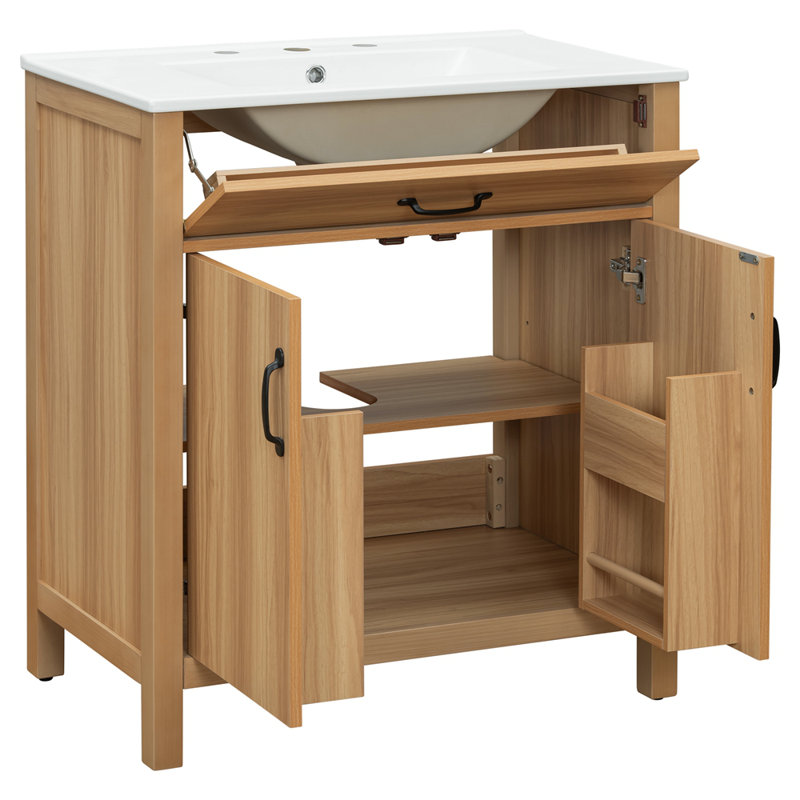 Meuble-lavabo en bois 30 po avec structure en bois massif, 2 portes à fermeture douce, 1 tiroir rabattable, tablette réglable