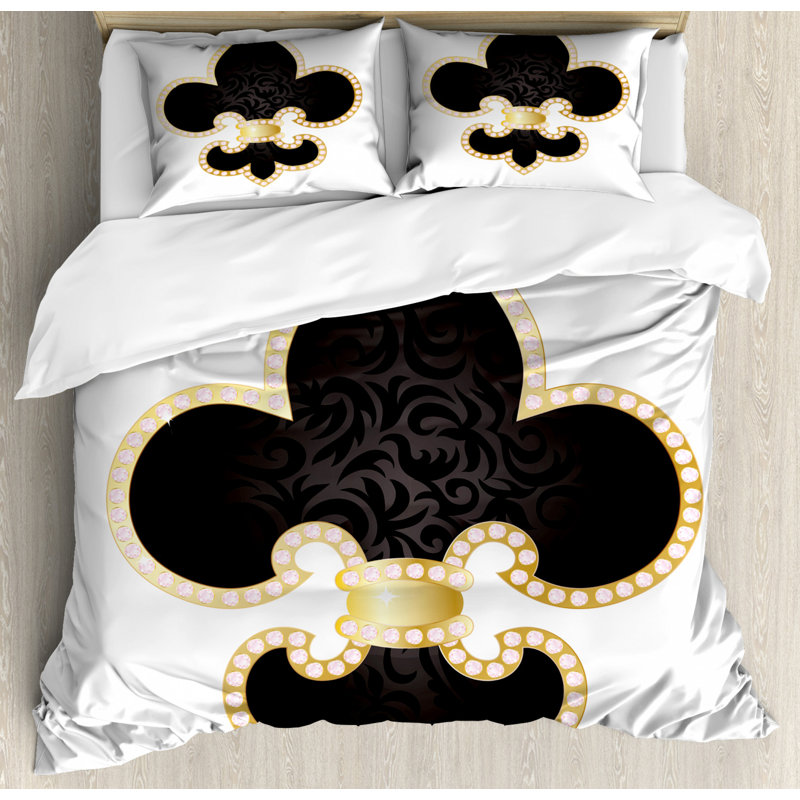 Royal Lily Black and Yellow Queen Duvet Cover Set