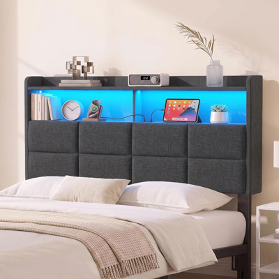 Tête de lit Queen Size seulement avec rangement à 2 niveaux, station de recharge, grise