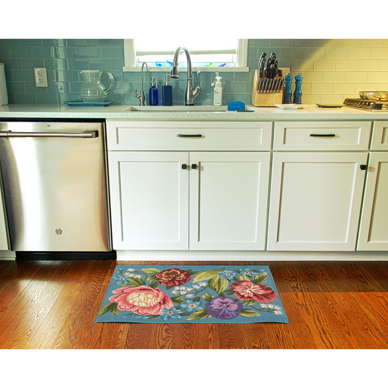 Andreane Floral Synthetic Non-Skid Kitchen Mat, Rectangle 2' x 2'10", Aqua/Blue