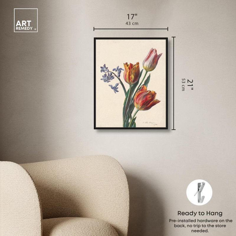 Tulipes, toile 1892 par Art Remedy, Noir, H 21 po x l 17 po, Cadre flottant