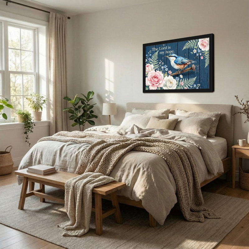 Texte et chiffres, oiseaux bleus, roses, roses, fond floral, H 20 po x l 30 po
