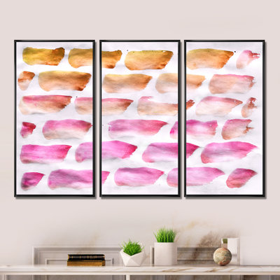 «Pink and Dark Yellow Abstracts Brushes», peinture sur toile 3 pièces