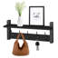 Wall-mounted floating shelf in matte black with five metal hooks.