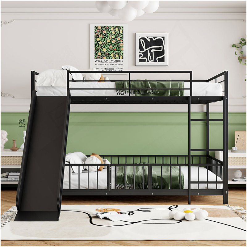 Lit superposé double au-dessus de double avec glissières et barrières de sécurité, noir, Lit superposé double sur double