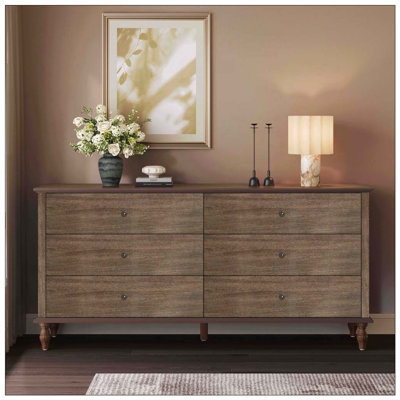 Commode double 6 tiroirs en bois avec glissières à fermeture automatique, poignées en cuivre et colonne en bois massif