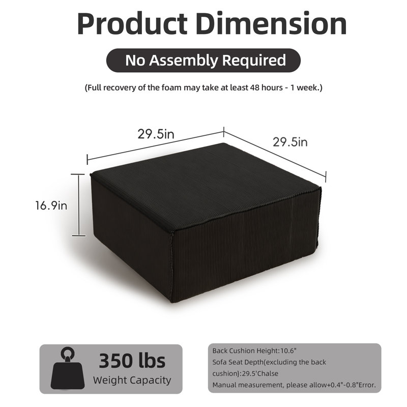 29" Compression Oversized Ottoman Upholstered No Assembly Required, Black