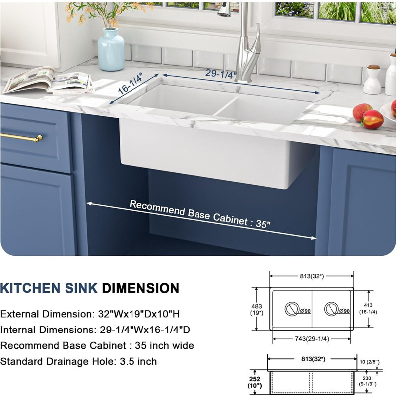 32'' L Double Bowl Ceramic Kitchen Sink