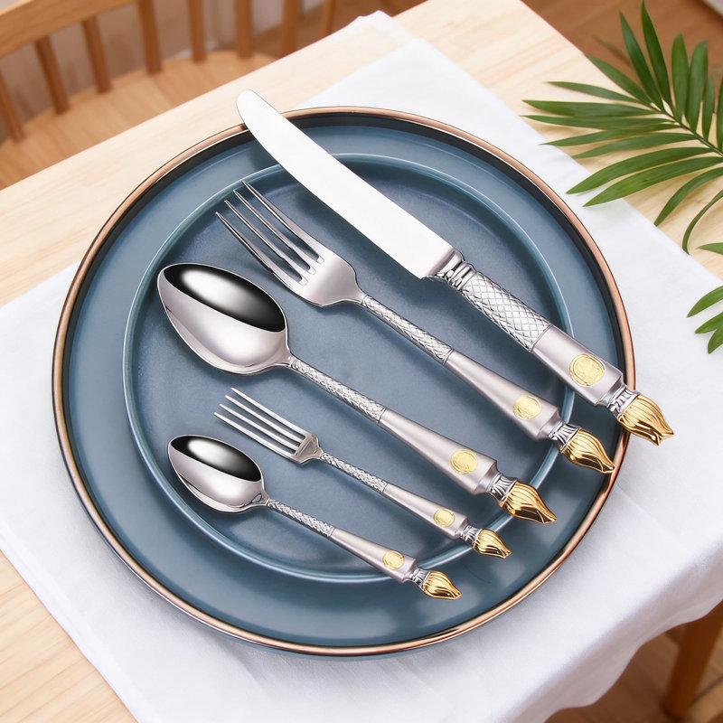 Ensemble de couteaux à steak 20 pièces avec cuillère à thé et fourchette, ensemble de couverts Western en acier inoxydable 304 plaqué or 24 carats