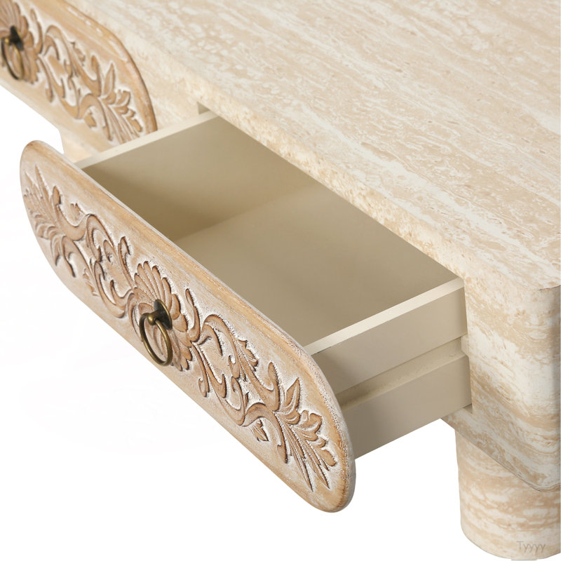 Table basse à bord arrondi avec tiroir en bois massif à motif floral, table basse pour salon, bureau