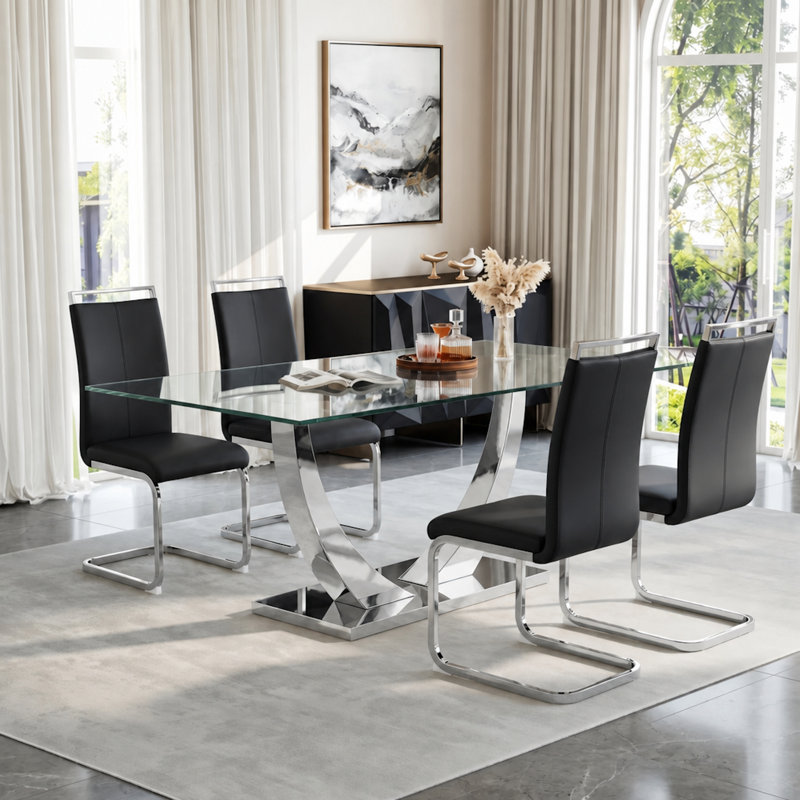 5-Piece Modern Rectangular Tempered Glass Dining Set with Metal Base and Faux Leather Cantilever Chairs, Black, 5, Chrome