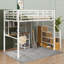 Un lit mezzanine en métal pleine grandeur qui comprend une armoire intégrée et un bureau-62718462