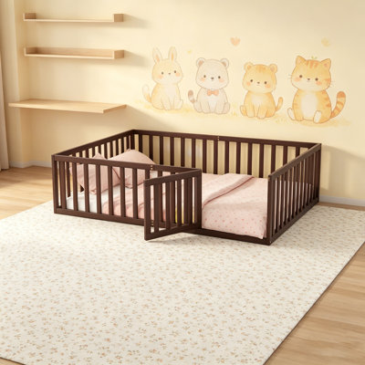 Queen Size Wooden Floor Bed Frame With Fence And Door, Versatile And Durable For Multiple Uses