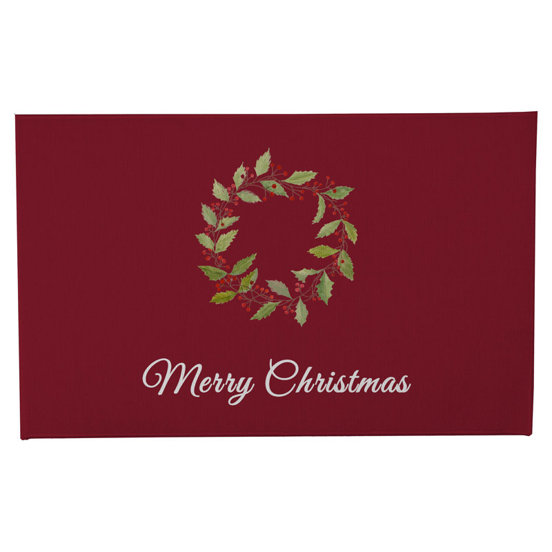 Paillasson Merry Christmas Holly, Rouge canneberge, L 21 po x L 34 po