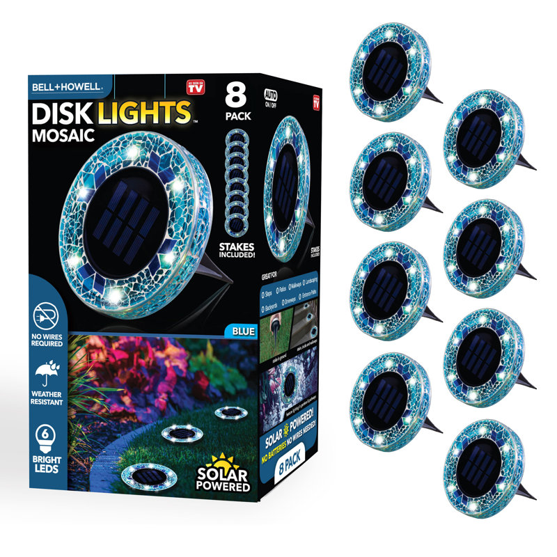 Bell+Howell Solar Powered Mosaic Disk Lights, Wireless Auto On/off Solar Pathway Garden Lights, Blue