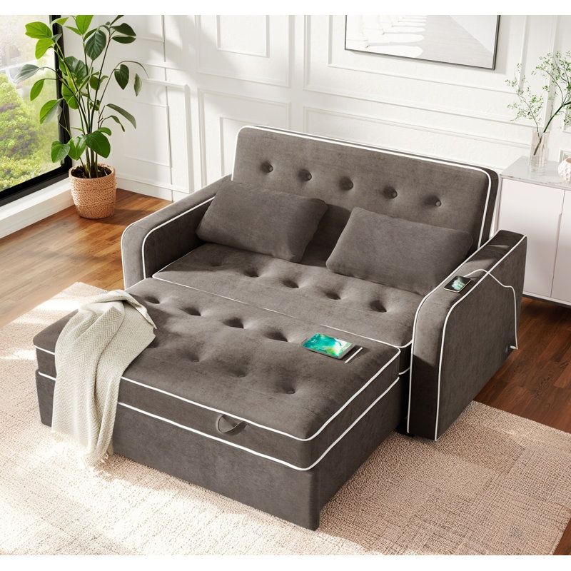 Upholstered Sleeper Bed, Pull Out Sofa Bed Couch Attached Two Throw Pillows, Comfy Sofa, Brown Grey Chenille