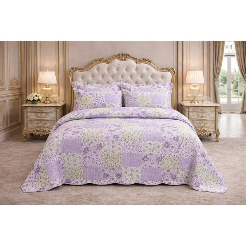Polyester Patchwork Bedspread with Pillow Shams, Super King Bedspread + 2 Standard Shams