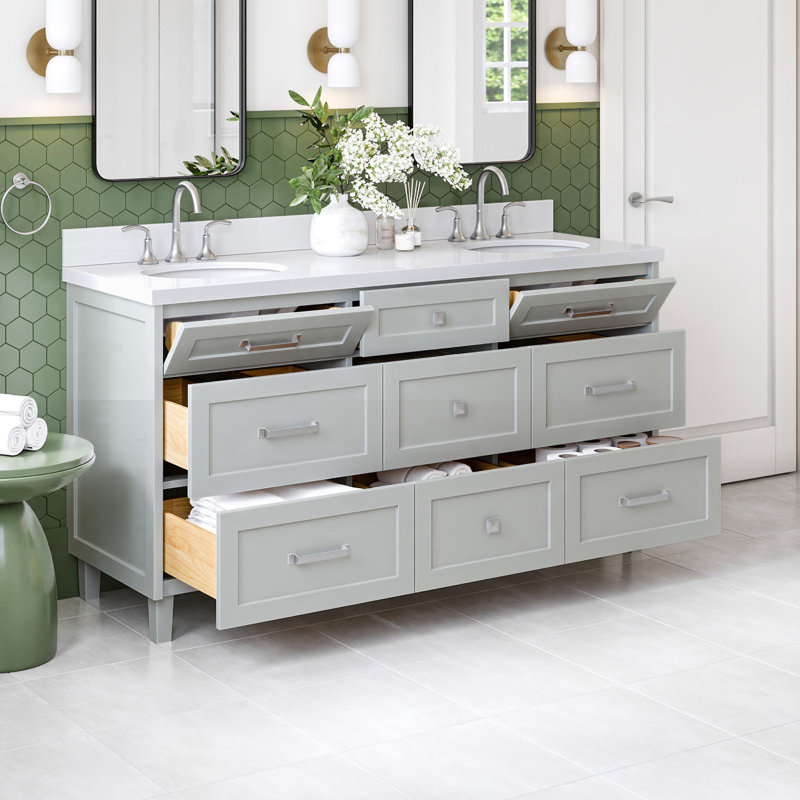 ARIEL Monroe 72 Double Sink Bathroom Vanity with Carrara Quartz Top, Gray, 60" - 61", Pure White Quartz