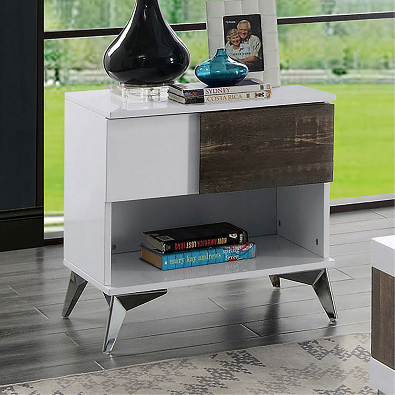 Table de bout de style moderne et contemporain avec pieds en acier et finition blanche et chêne