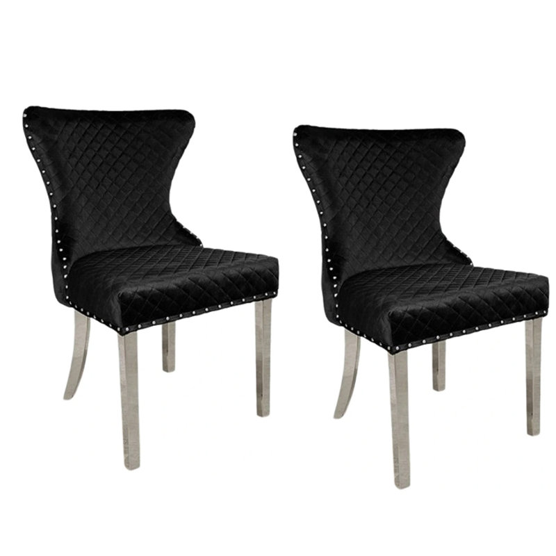 Ensemble de 2 chaises de salle à manger Anova, garniture de rivets, acier inoxydable argenté, tissu noir, Noir