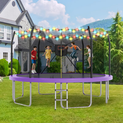 Trampoline 14FT avec lumières et panier de basketball, trampoine récréatif extérieur 16 "pour enfants et adultes