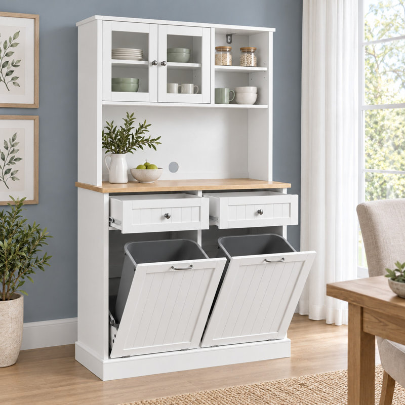 Armoire de cuisine de 172 cm (67,7 po) de hauteur avec portes vitrées, tiroirs et poubelle basculante de 75 litres (20 gallons) - Style campagnard - Blanc