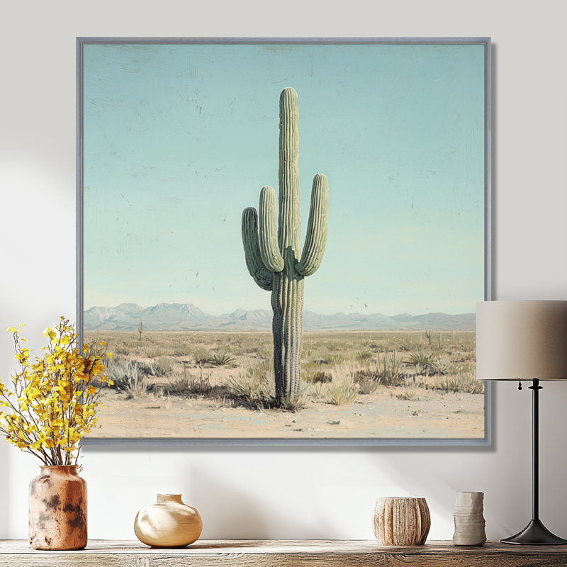 Cactus Saguaro et le ciel du désert I - art mural cactus, H 36 po x l 36 po, Impression encadrée flottante, Argent argent