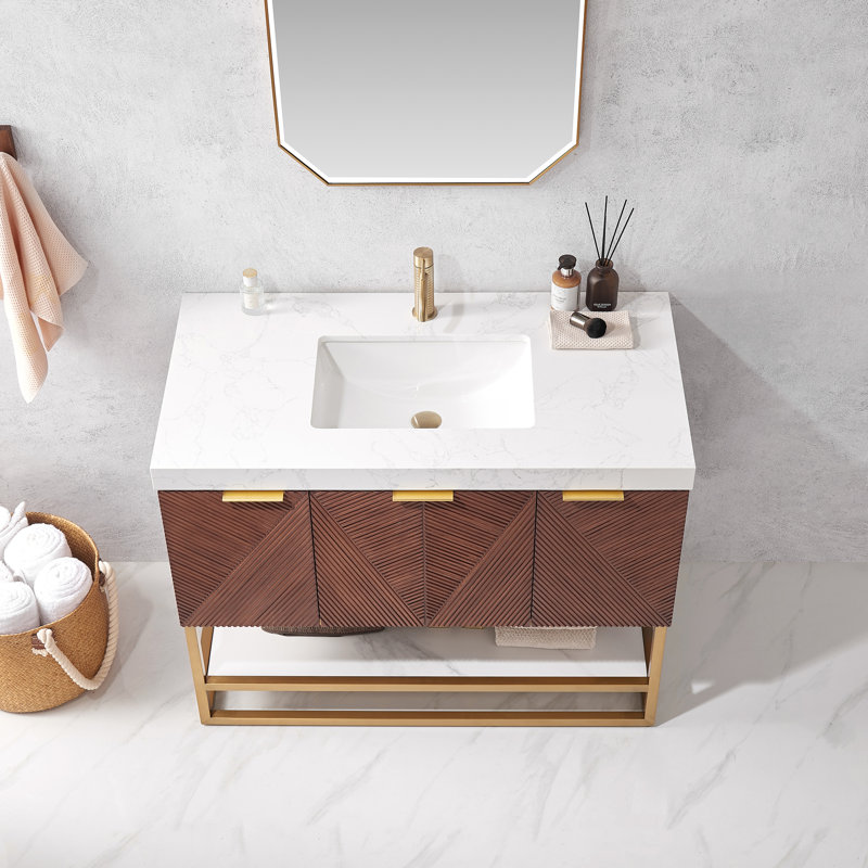 Mahon 42" Single Pedestal Vanity with Top, Or brossé, Doré