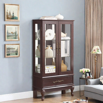 Display Glass Cabinet With Adjustable Shelves, 2 Doors, 1 Drawer And Bulb Included by Charlton Home