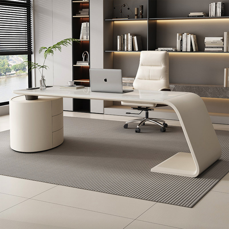 Bureau haut de gamme moderne de style minimaliste blanc avec plateau en pierre frittée et armoire à tiroirs de forme elliptique