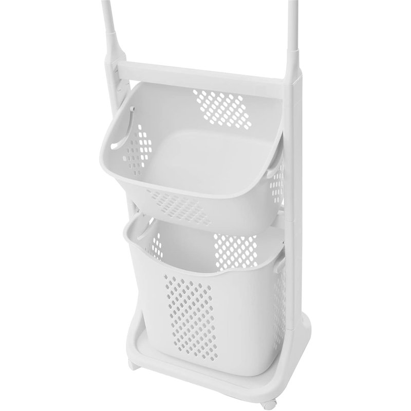 2-Tier Rolling Laundry Hamper Sorter With Hanging Rod - Stackable Laundry Cart With Removable Baskets & Wheels For Small Spaces, Dorm, Bathroom, Closet Organization