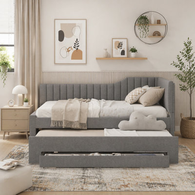 Full Size Upholstered Daybed with Trundle and Three Drawers, Gray