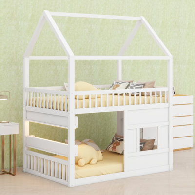 Playhouse Style Wooden Bed Frame with LED Shelf Light for Kids