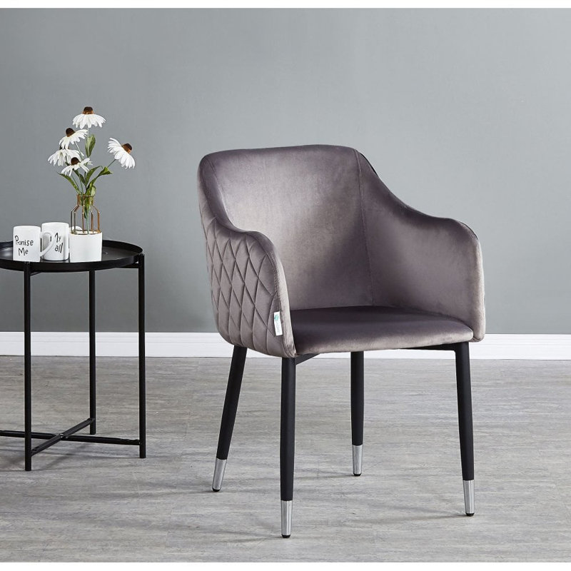 Holdenville Modern Velvet Dining Chair - Ergonomic Button Back with Metal Legs, Black/Silver, Grey
