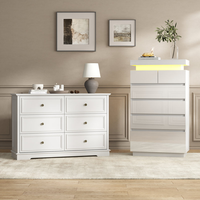 Ensemble de rangement vintage 2 pièces pour chambre à coucher avec commode haute à 6 tiroirs et commode à 6 tiroirs éclairées par DEL