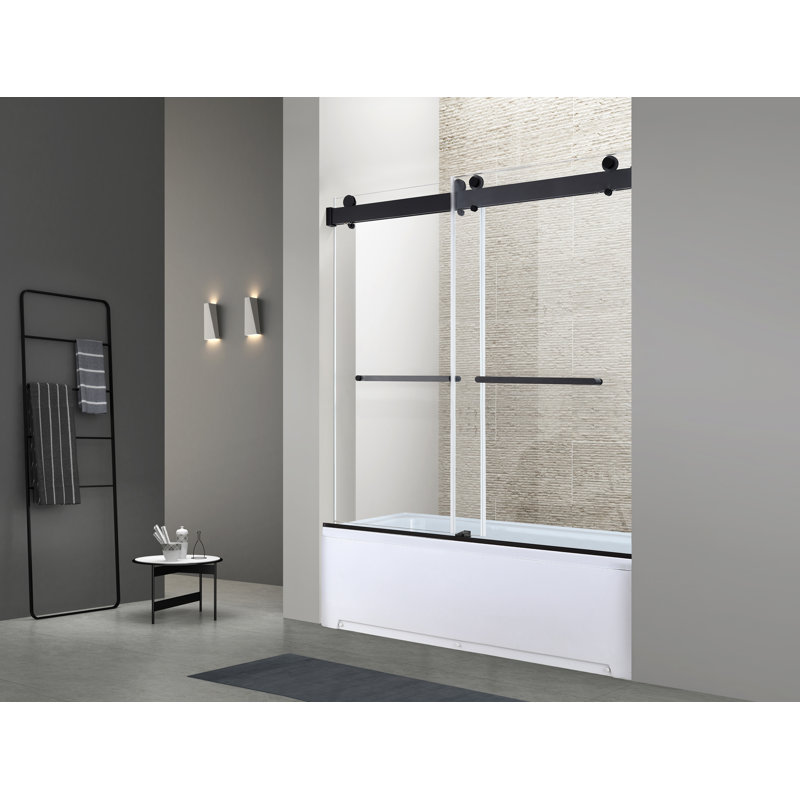 60"W x 60"H Double Sliding Shower Door | Tempered Glass | Fully Frameless | Installed On The Bathtub, Matte Black