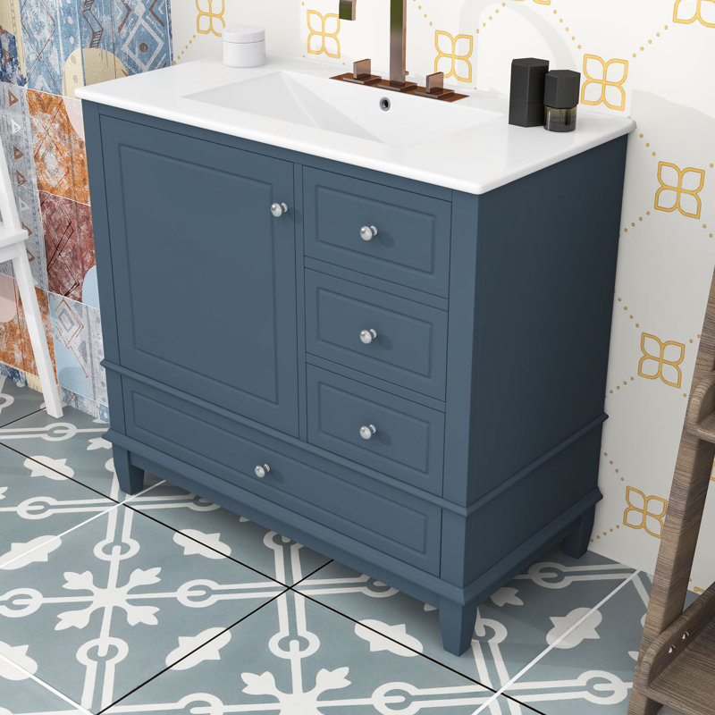 Meuble-lavabo avec lavabo en céramique, 3 tiroirs et porte
