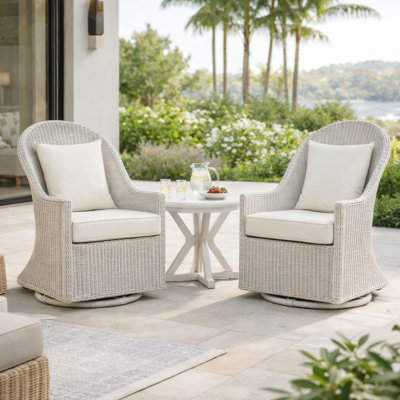 Chaise pivotante d'extérieur Tomo, design à oreilles, tissu blanc, rotin osier