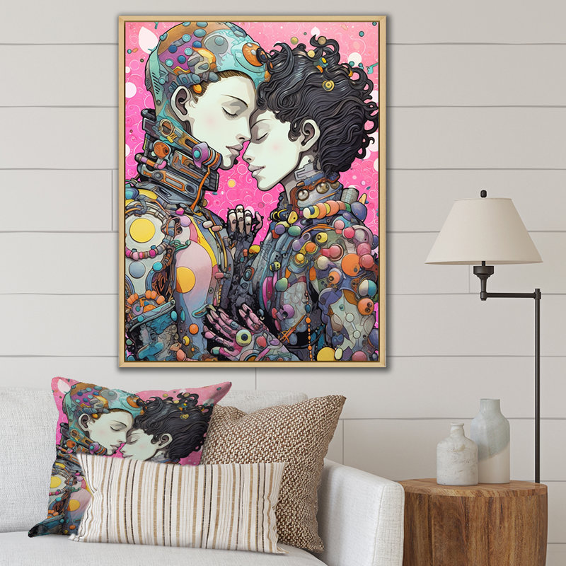 Charmants Robots célébrant l'amour rétro I - impression, Cadre flottant brun, H 44 po x l 34 po x P 1,5 po