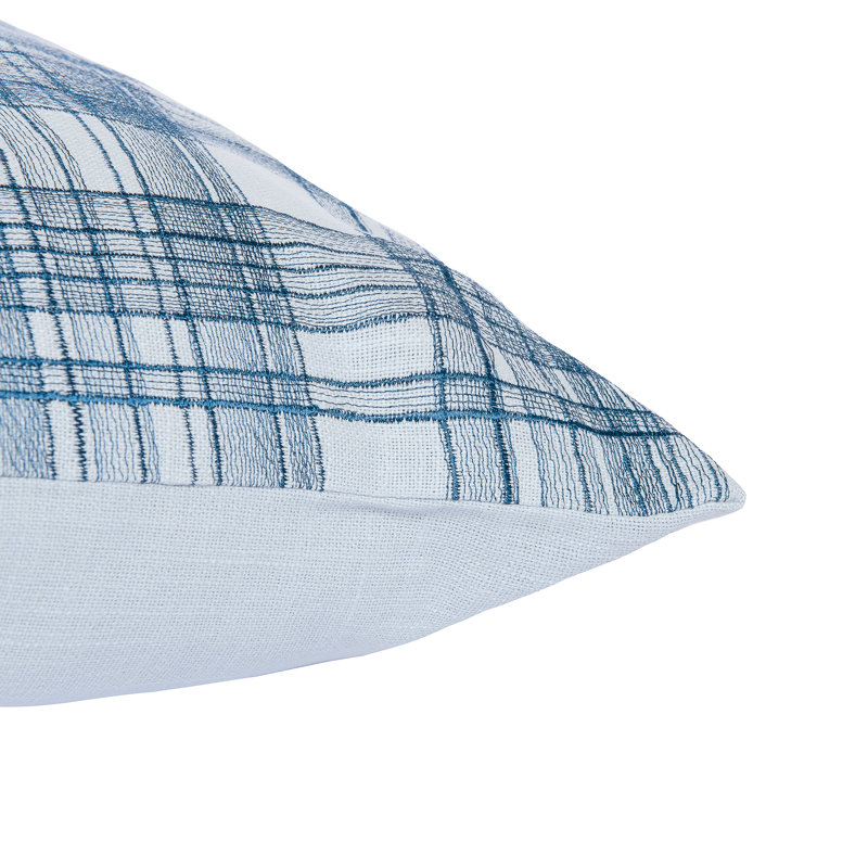 Housse de coussin brodée en coton texturé à carreaux brodés, 24 po x 24 po, Bleu, Polyester/ bourre en polyester