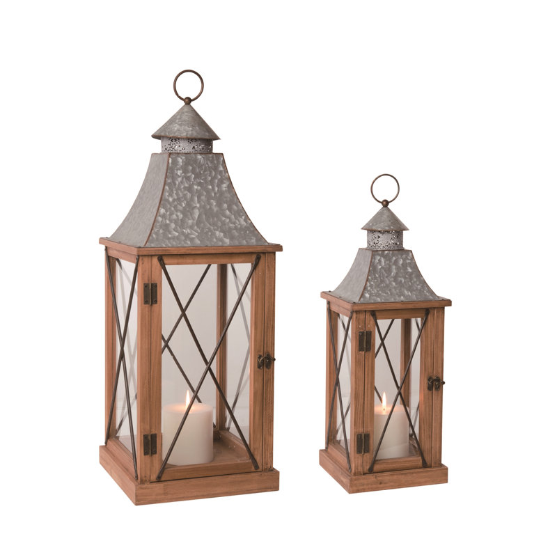 Rustic Brown Wood and Metal Hanging Candle Lantern Set