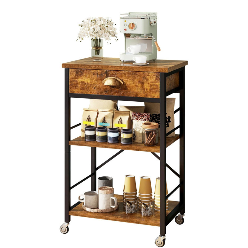 Kitchen Bakers Rack with Drawers, 3-Tier Microwave Oven Stand with Storage, Coffee Bar Table with Wheels, Rustic Brown