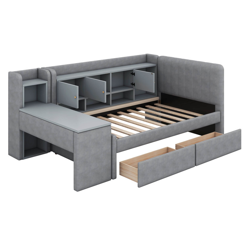 Lit de jour rembourré simple avec armoires rabattables et table d'appoint / bureau, 2 tiroirs et tablette