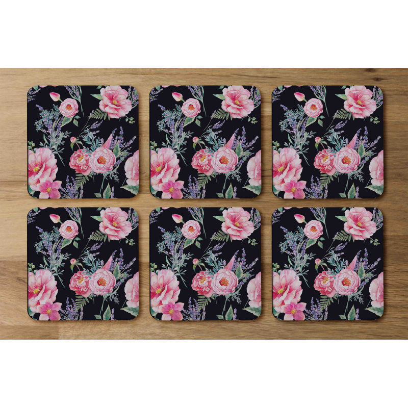 Square 6 Piece Coaster Set, Pink/Black Flower