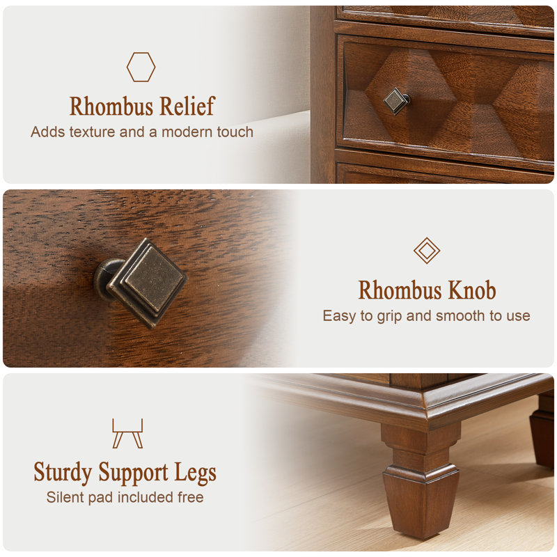 3 Drawer Wood Nightstand with Geometric Drawer Design and Built-In Charging Station, Walnut Brown