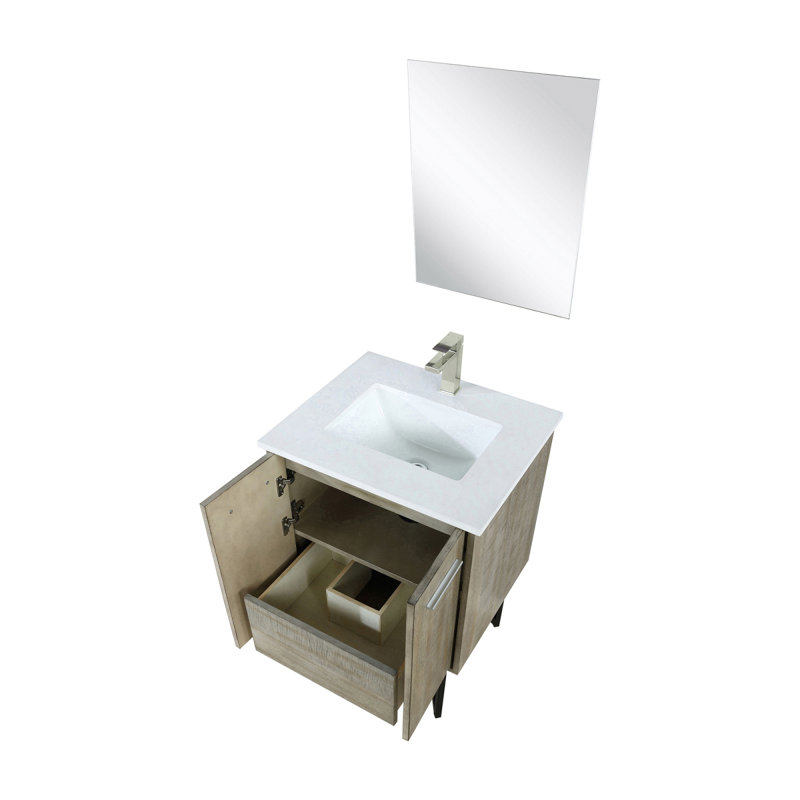 Ensemble de meuble-lavabo rustique en acacia l 24 po x P 20 po, plateau en quartz blanc, robinet en nickel brossé et miroir de 18 po