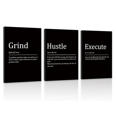 Set Of 3 Large Motivational Wall Art Canvas Grind Hustle Execute Black And White Wall Decor Inspirational Words Quotes Posters For Home Office Workplace Proverbs Living Room Paintings(Framed,16X24)