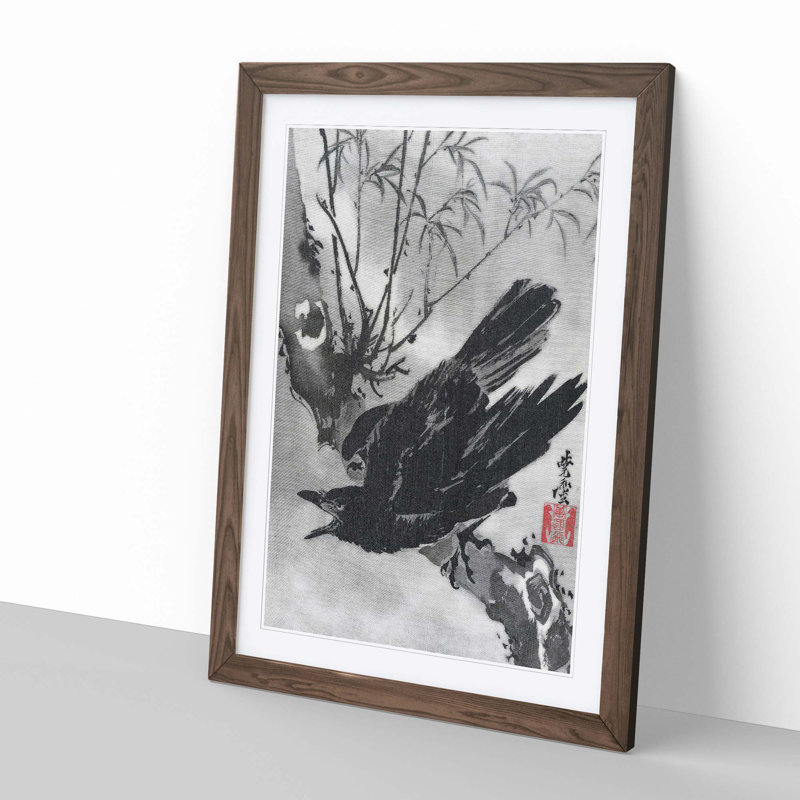 Crow on a Branch by Kawanabe Kyosai - Picture Frame Painting Print on MDF, 65cm H x 48cm W x 2cm D, Walnut Framed